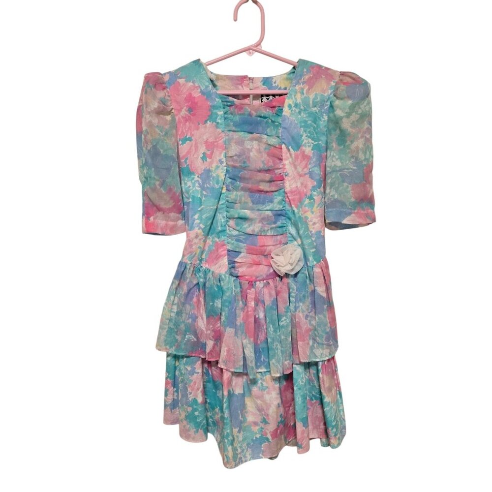 90s Vintage Girls Party Dress‎ Size 10 Pastel Floral Print